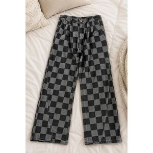Women's Dear Lover Checkered Wide Leg Black/Gray Denim Pants Size 16 New Trendy